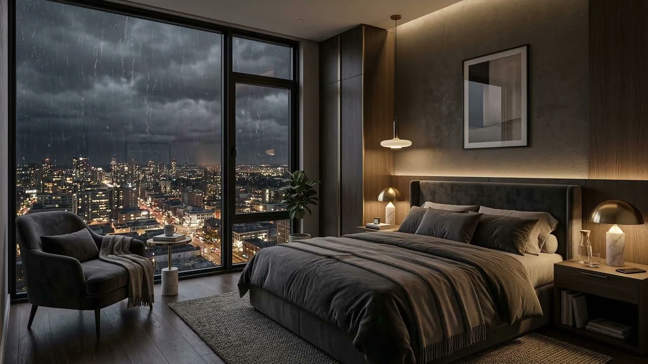 Gentle Urban Rain 🌦️ Seen From A Skyline Bedroom As Quiet Streets Shine Below 🌃