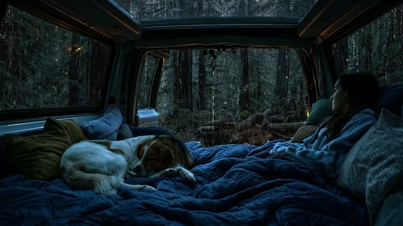 Rain in the Woods ASMR 🌧️ Woman Ngủ trong Van với Bernese Mountain Dog 🐾