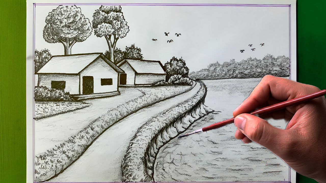 Learn to draw beautiful landscape || সহজে গ্রামের দৃশ্য আঁকা 