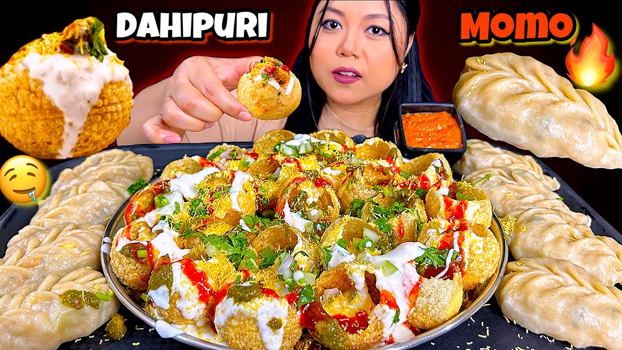 EATING LOTS OF DAHIPURI & 🔥 MOMO | INDIAN STREET FOOD CHALLENGE | ASMR EATING | MUKBANG 