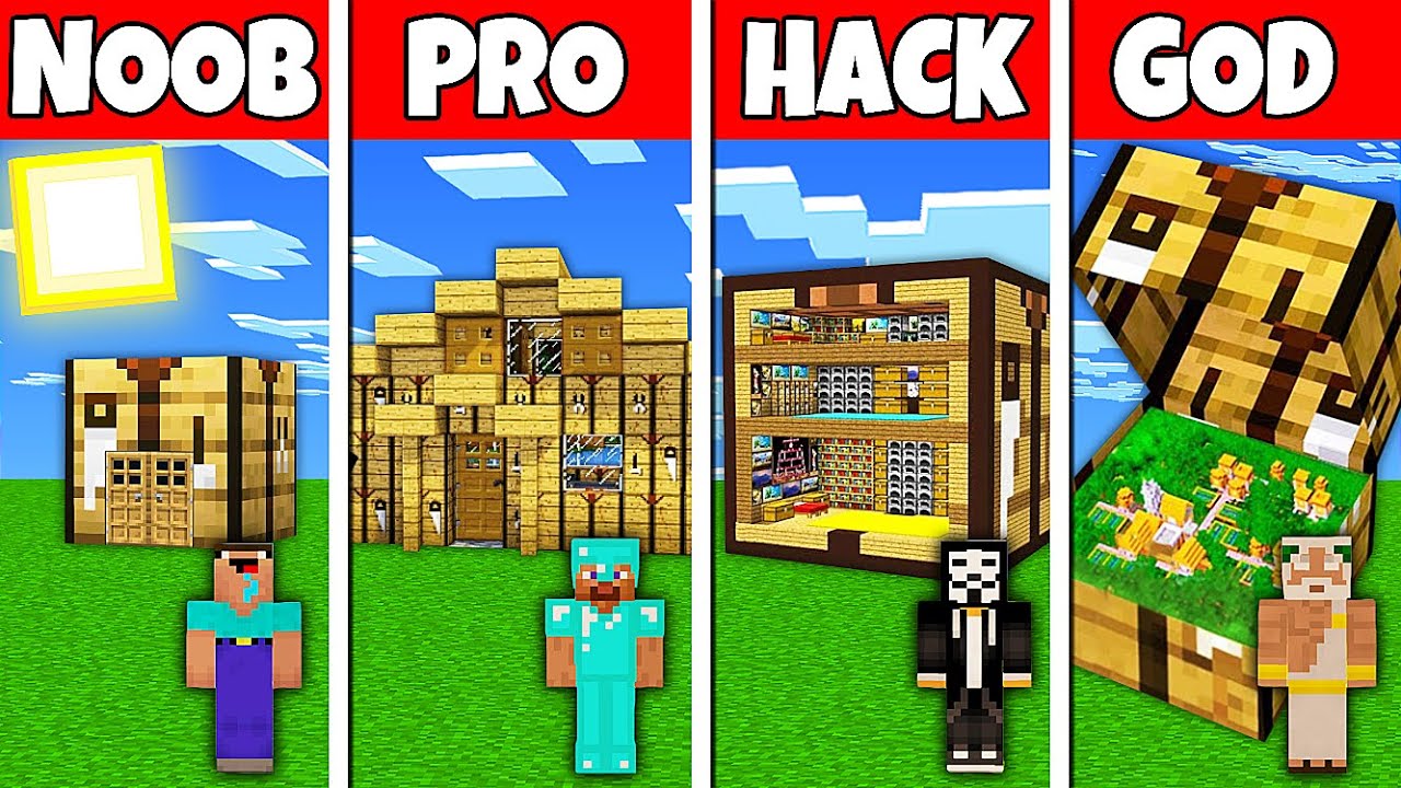 Minecraft Battle: NOOB vs PRO vs HACKER vs GOD! CRAFTING HOUSE BASE BUILD CHALLENGE in Minecraft