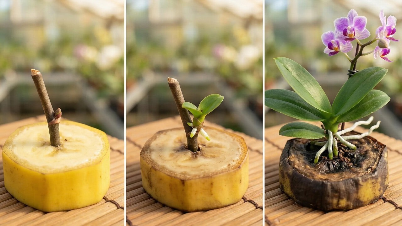 Just one slice of banana! A baby orchid suddenly sprouted on the branch overnight.