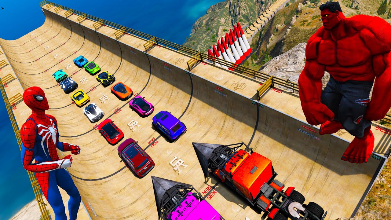 Spiderman team vs RedHulk team SportCars Ferrari Police Lamborghini Porsche 922 Ramp Challnege GTA 5