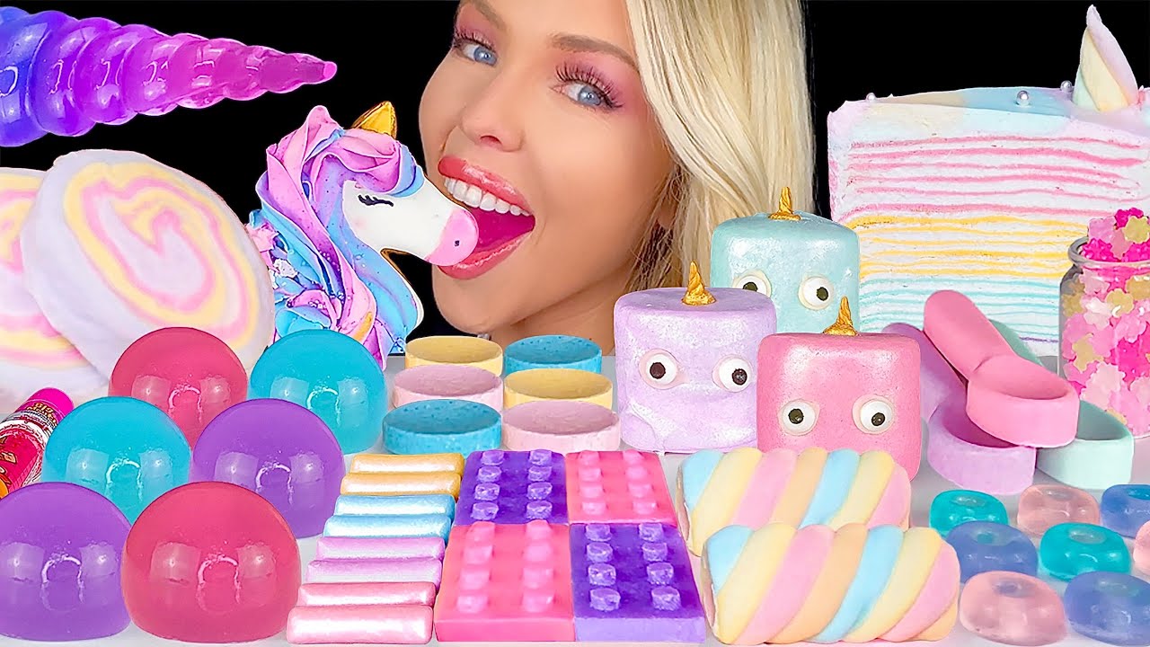 ASMR PASTEL FOOD MUKBANG, FROZEN CHOCOLATE EATING SOUNDS, KOHAKUTOU JELLY, SOUR CANDY, POP ROCKS 먹방