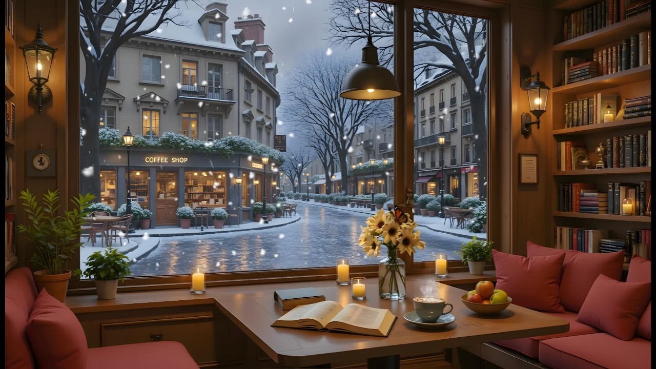 Winter Ambience ❄️ Peaceful Coffee Shop with Soft Jazz Piano & Fireplace Sounds for Study and Work