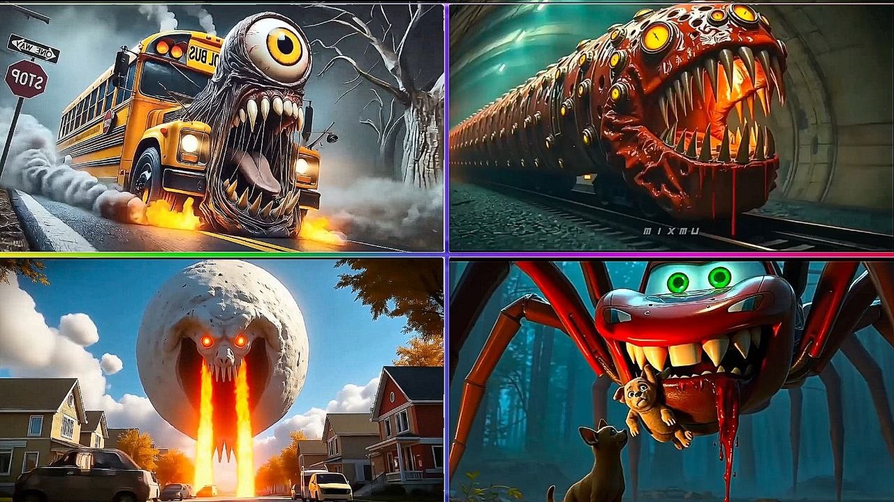 School Bus MONSTER VS LUNAR MOON VS McQueen Monster VS Train Eater Tiles Hop EDM Rush