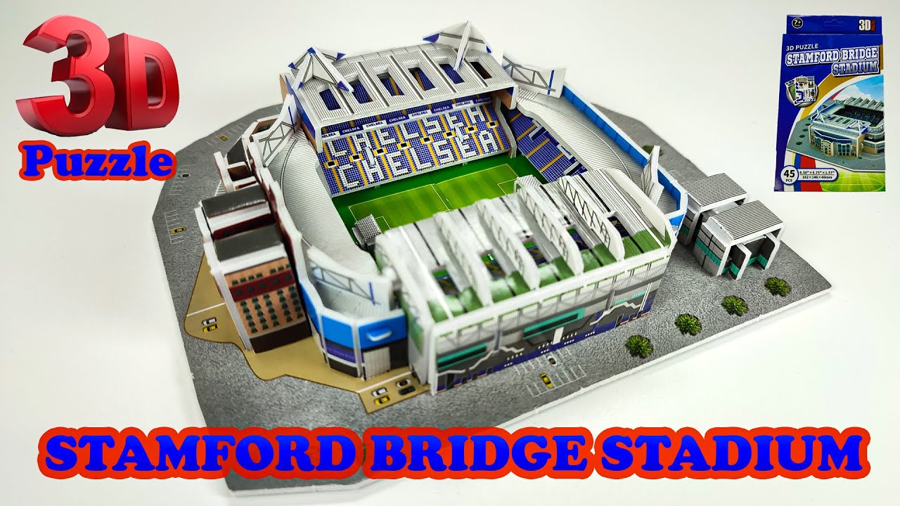 Mini copy of STAMFORD BRIDGE STADIUM. Putting together a 3D puzzle. Chelsea's home stadium.