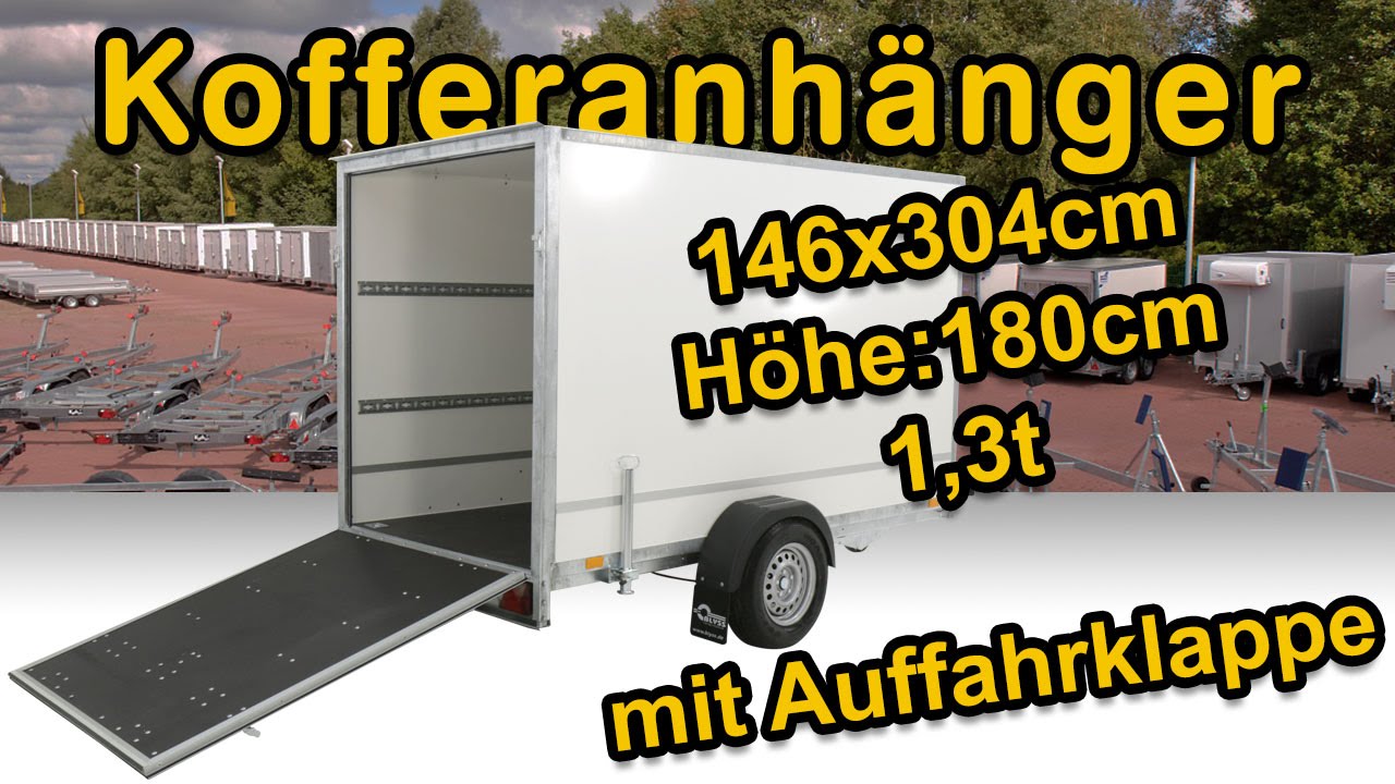 Kofferanh&auml;nger 146x304cm H&ouml;he:180cm 1,3t mit Auffahrklappe bei  KOCH PKW Anh&auml;nger
