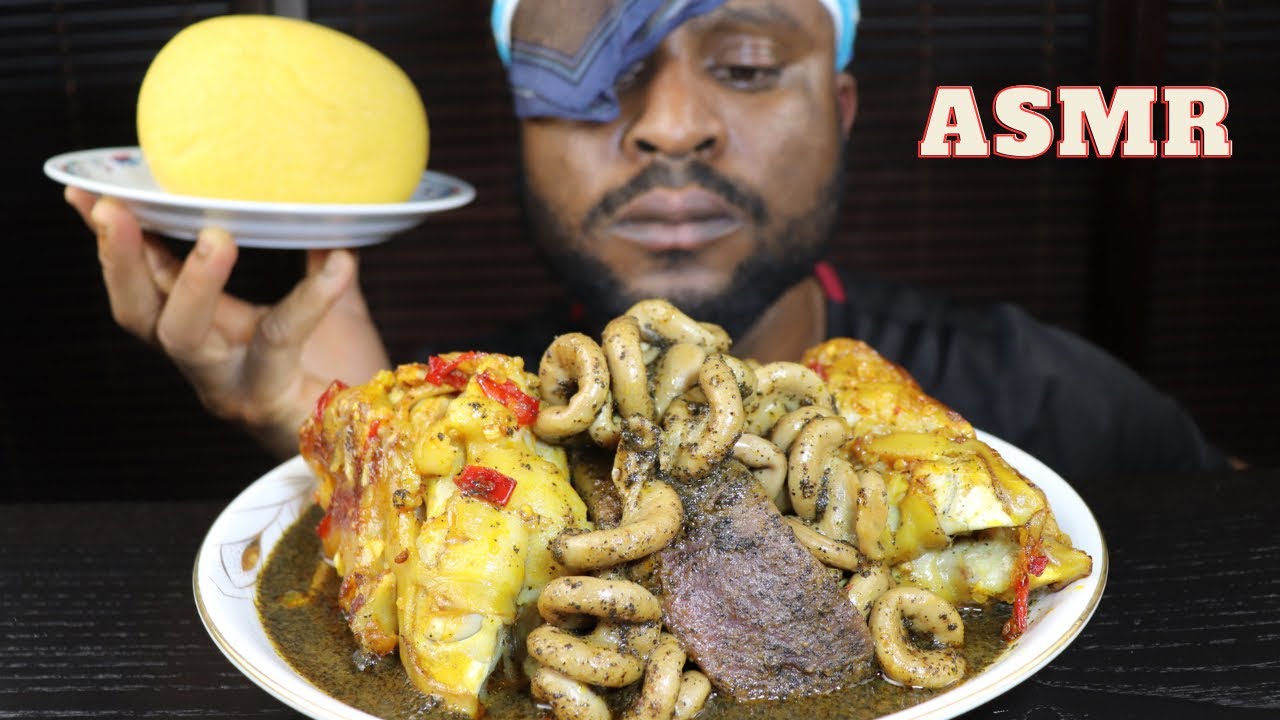 Mukbang Asmr Black Soup,Pork Belly,Tongue,Intestines,Heart,Porkfeet & Garri Fufu/Nigeria Mukbang