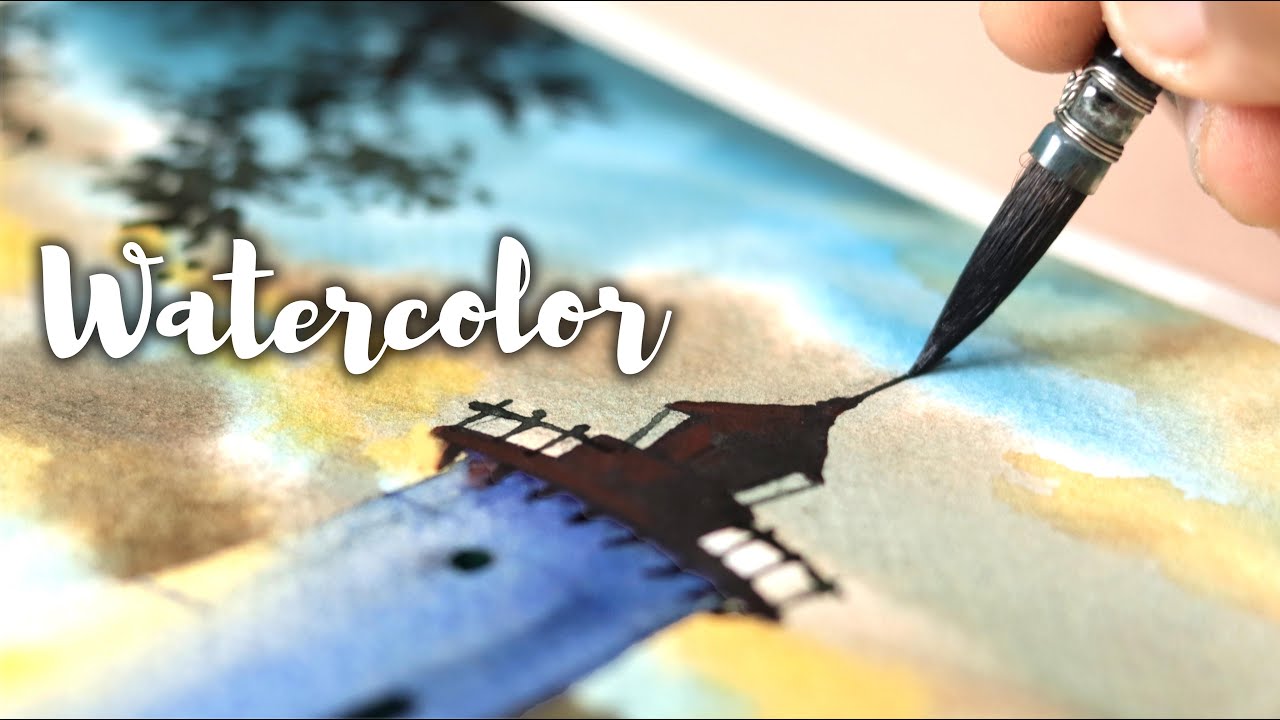 Simple Watercolor Painting of Beautiful Lighthouse Landscape Easy