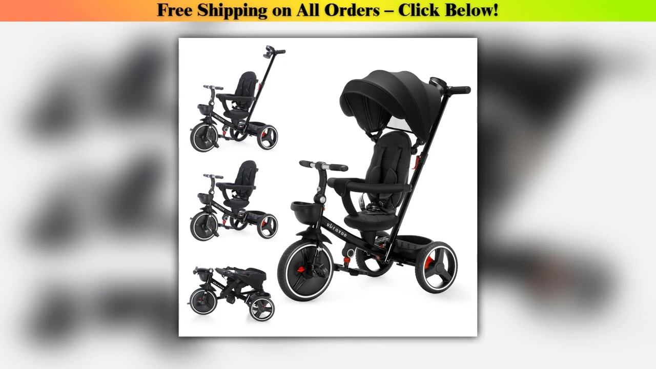 Foldable Children's Tricycle with Adjustable Parent Handle, Wheel Brakes & Removable Hood, Trike