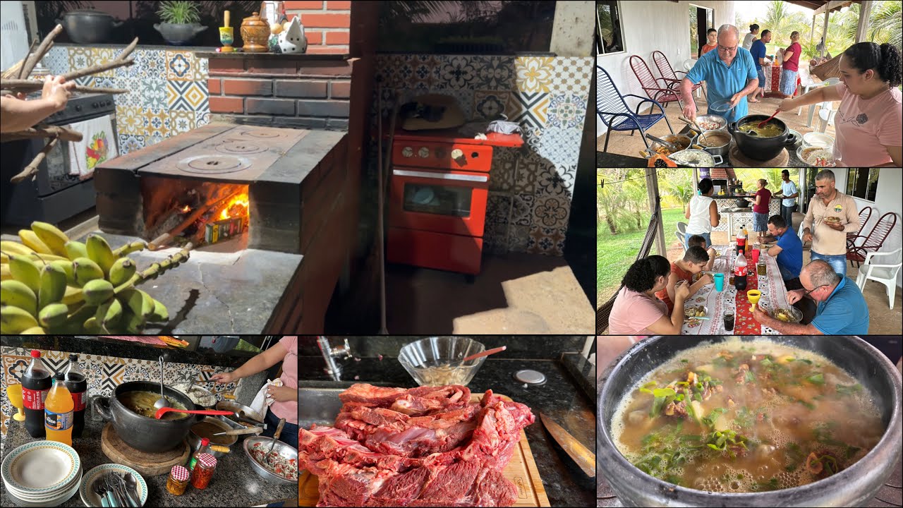 Fumaça no chaminé, cheiro de café, bolo quentinho, panela de barro/mandioca costela e fogão a lenha 