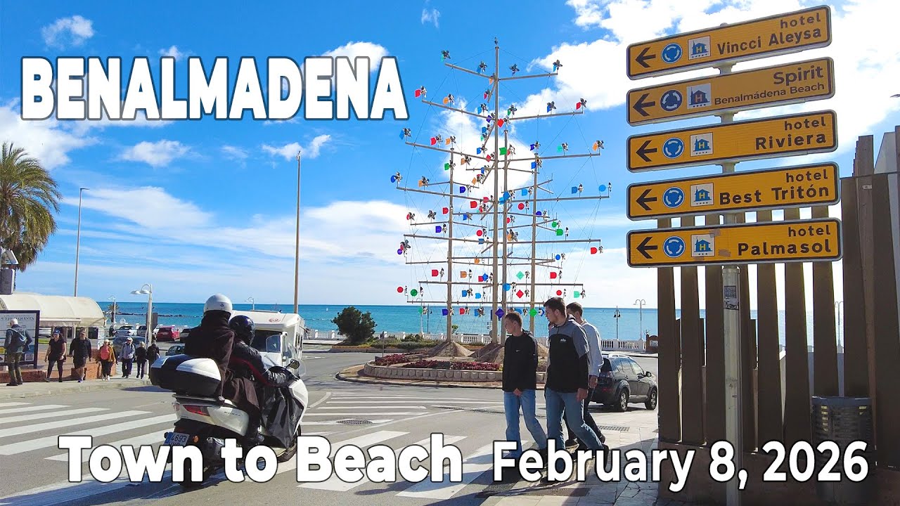 Benalmadena February 8, 2026 Town to Beach Walking Tour Malaga Costa del Sol Spain [4K]