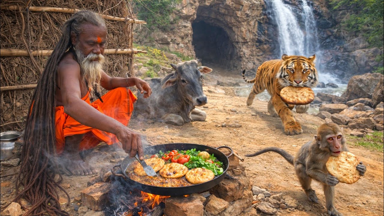 Chitrakoot जंगल के जटाधारी संत के मोटे मोटे रामरोट टिक्कड़ पहाड़ी आलु सब्जी का प्रसाद #sadhu 