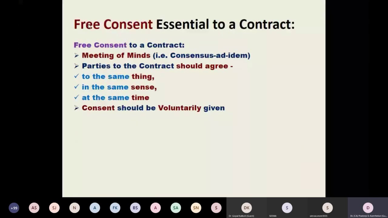 What is the meaning of 'Free Consent' as an essential to an Agreement/Contract