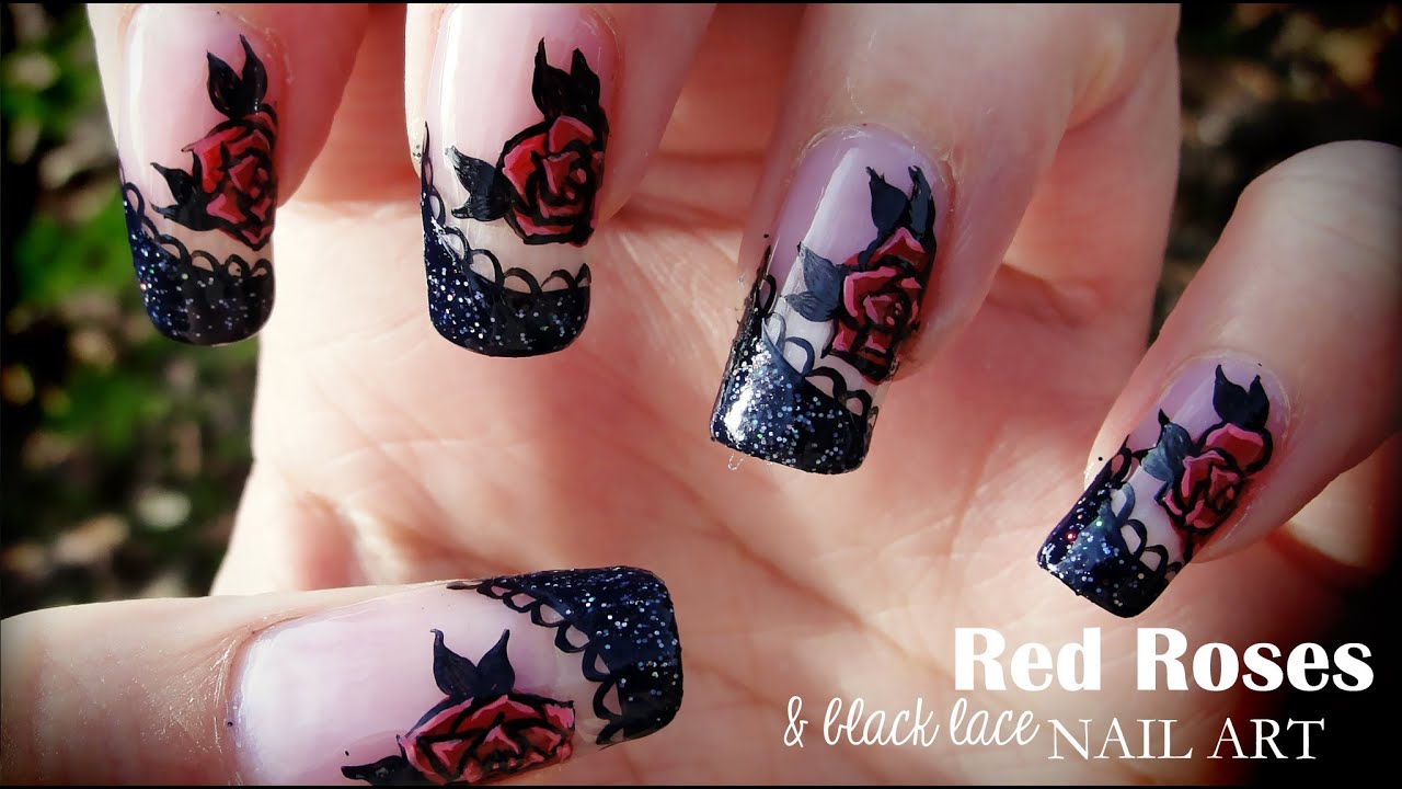 Red Roses & Black Lace nail art