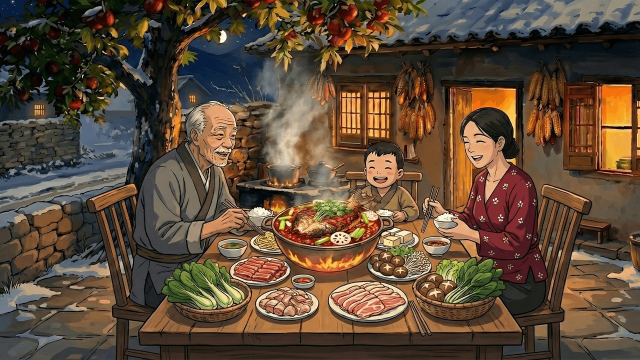 New Year’s Eve Family Dinner Outside — Sichuan Fish Hot Pot Under Fireworks | Ghibli-Style ASMR