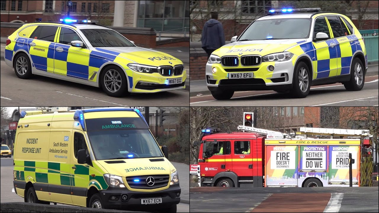 Bristol Riots Aftermath + Police Cars, Fire Engines and Ambulances responding with siren and lights