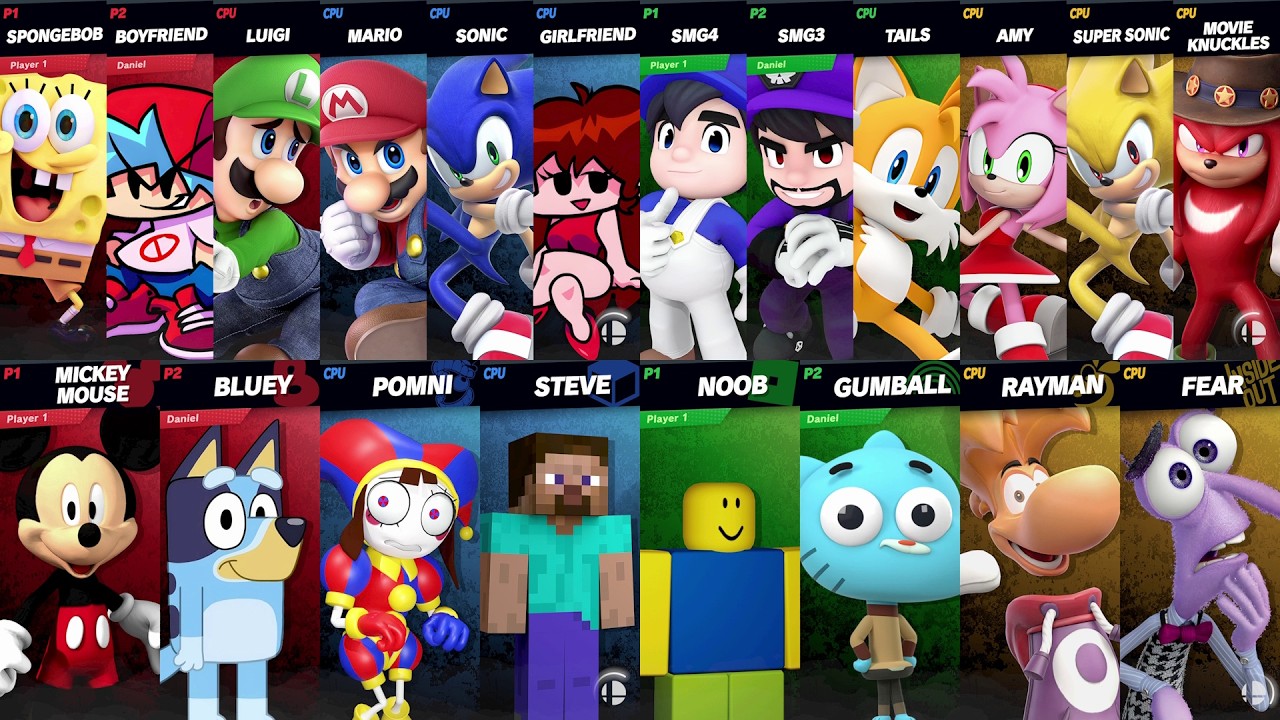 Sonic vs Mario vs Roblox vs Minecraft vs Bluey vs SpongeBob vs Mickey vs Steve | Super Smash Bros