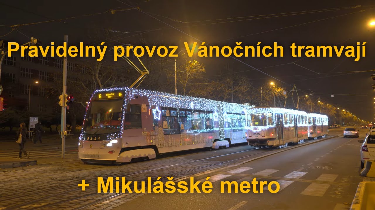 Vánoční tramvaje v pravidelném provozu a Mikulášské metro, prosinec 2024 | 8K HDR