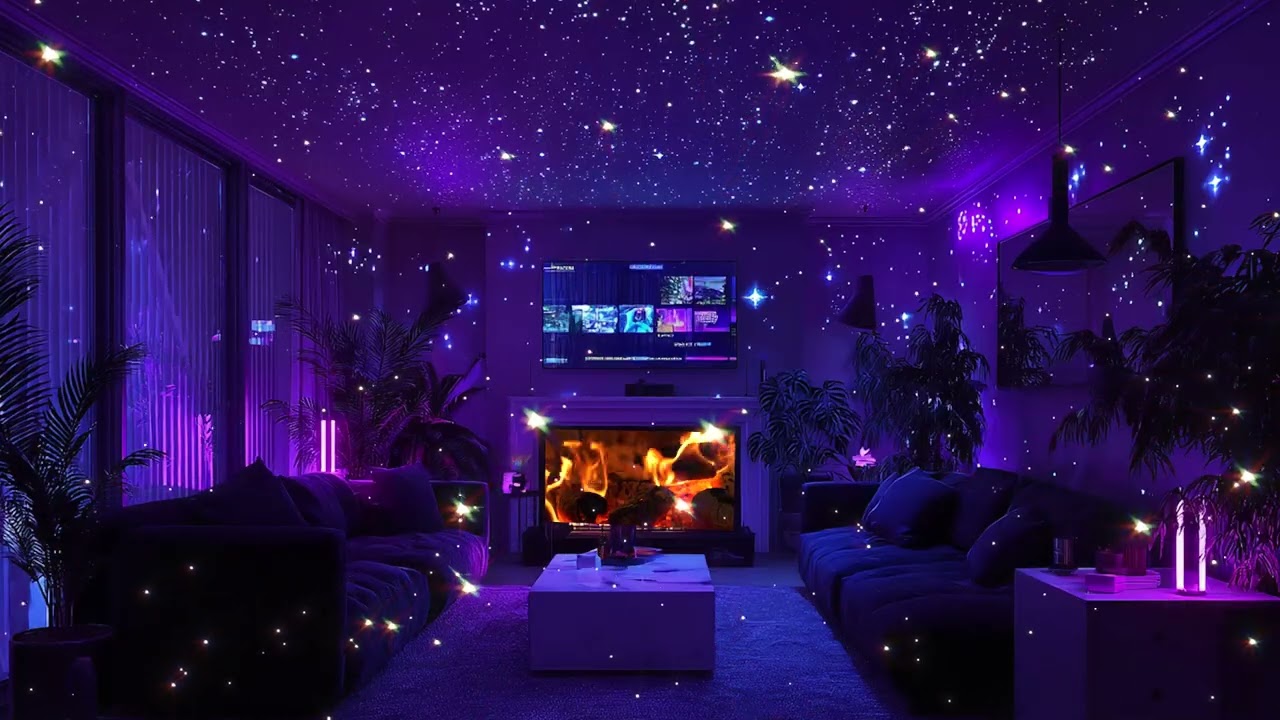 Chill Piano & Fireplace Ambience in a Purple Room  Deep Relaxation & Stress Relief