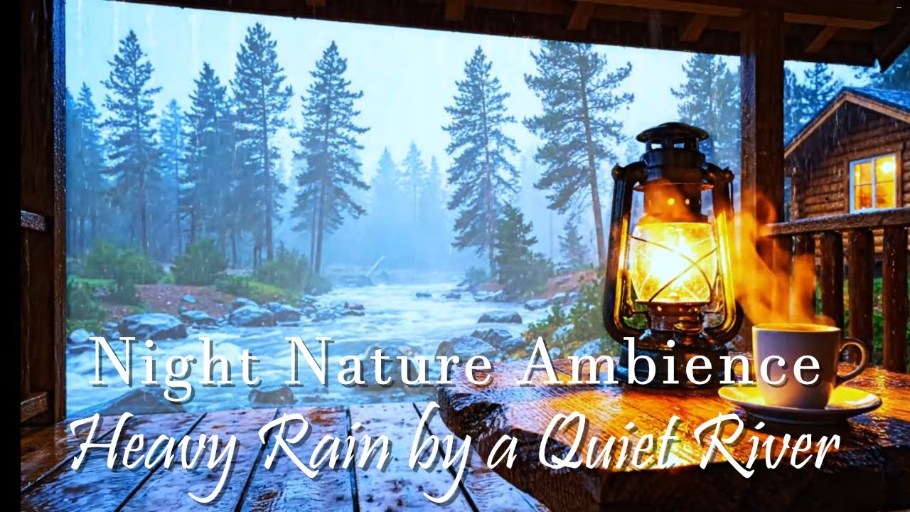 Heavy Rain by a Quiet River | Night Nature Ambience