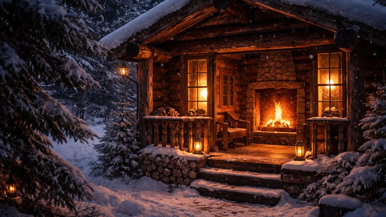 Snowy Cozy Cabin Ambience | Fireplace & Wind Sounds for Insomnia Relief & Deep Sleep
