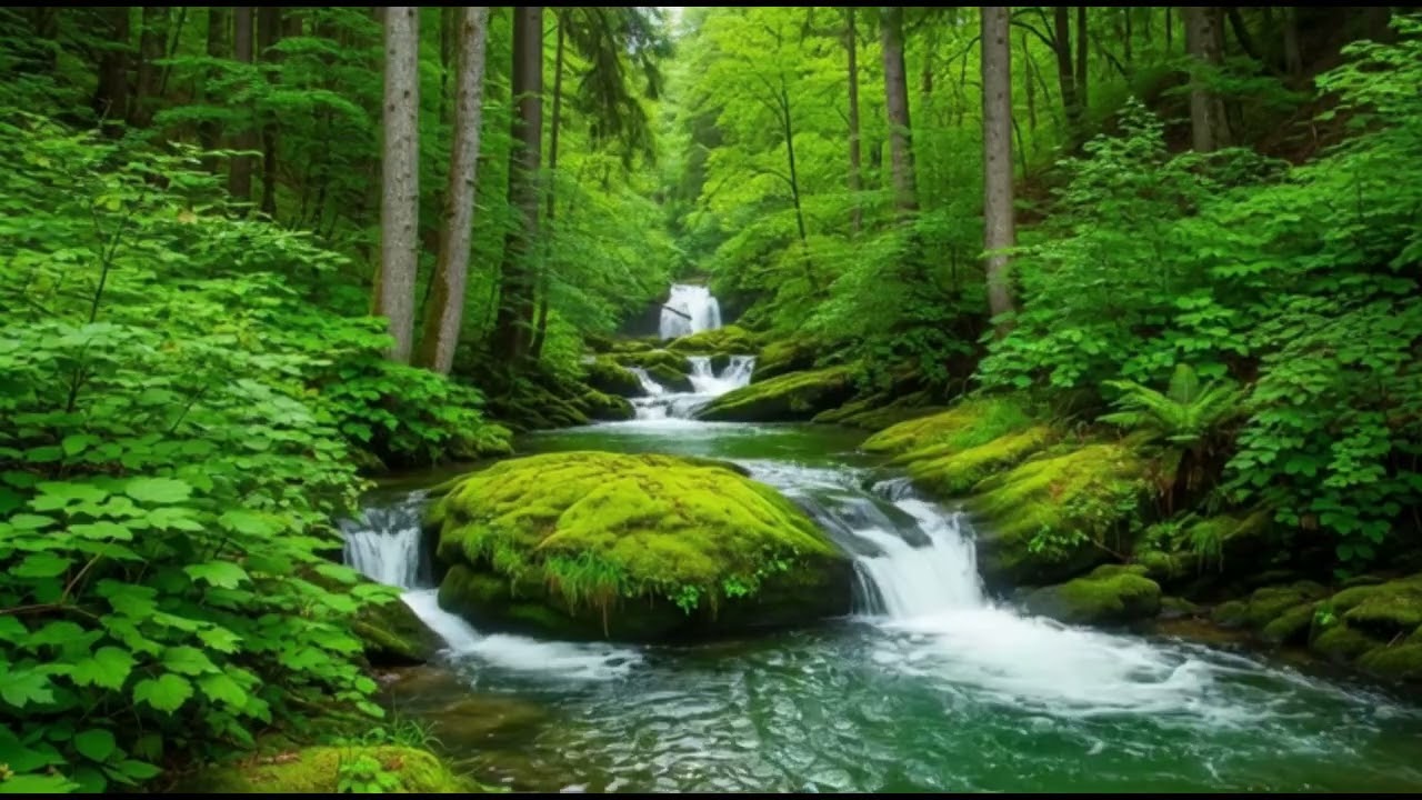 The natural beauty of the forest,, the flowing water, and the beautiful music to relieve stress.