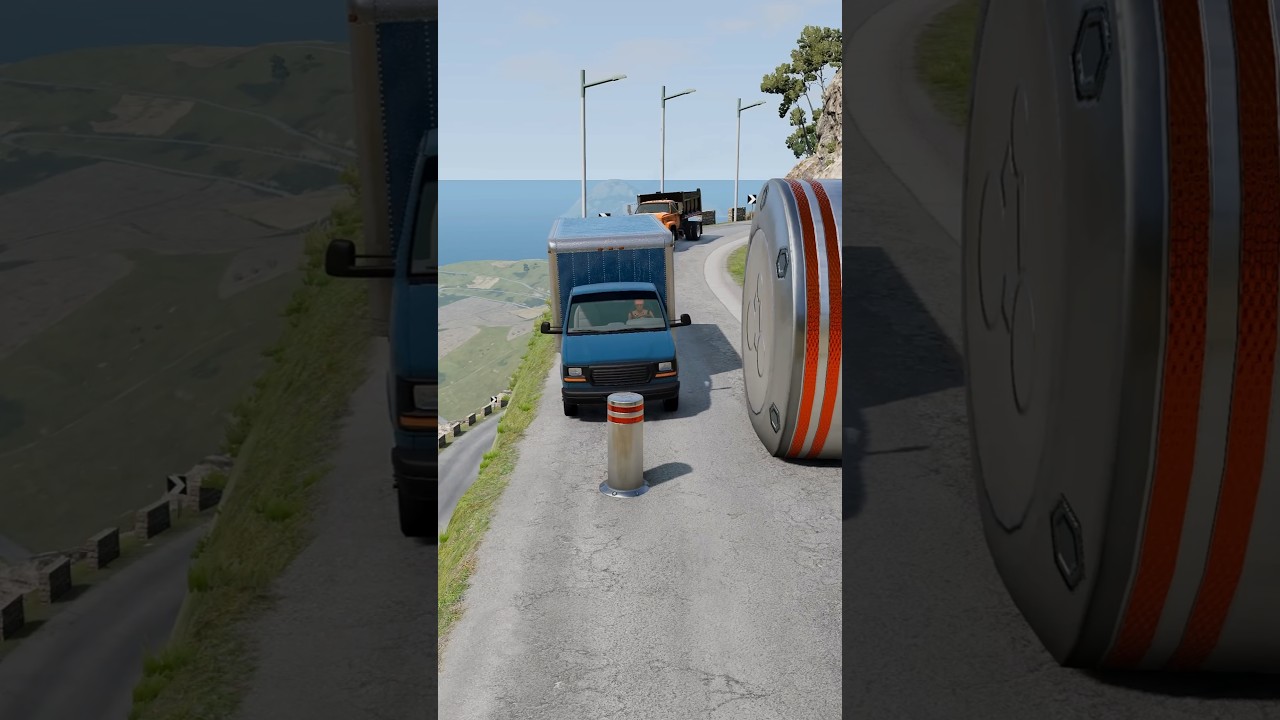 Cars & School Bus vs Giant Pit Bollards Crash BeamNG.Drive