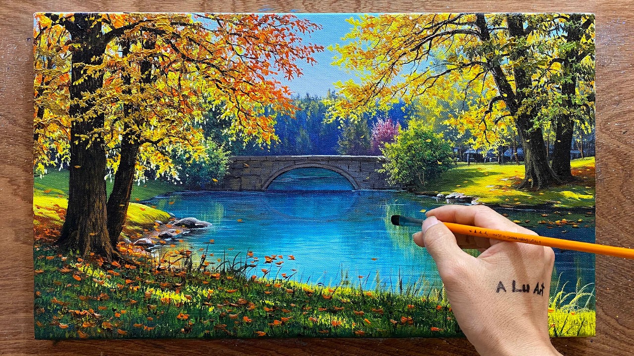How to draw landscape painting /#102/ The scenery of the bridge spanning the lake / Acrylic painting