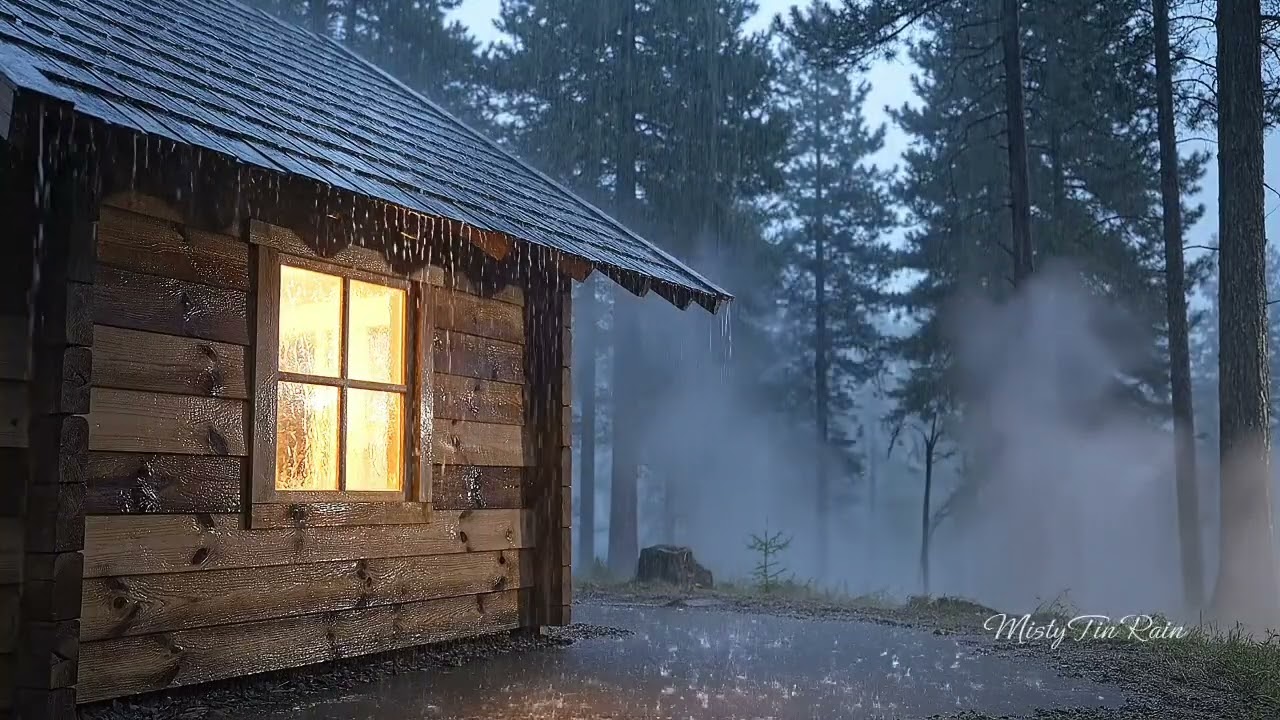 Heavy Rain Sounds For Sleeping | Foggy Forest Cabin With Heavy Rain