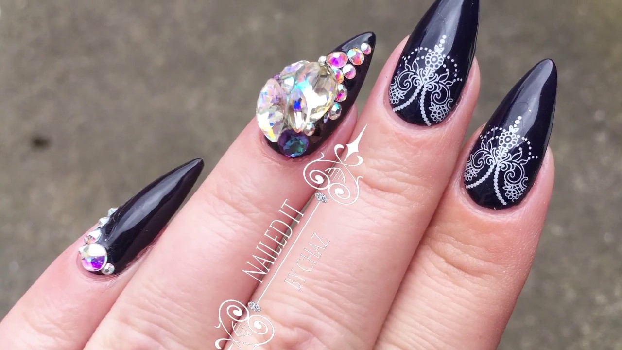Black and white bling nails