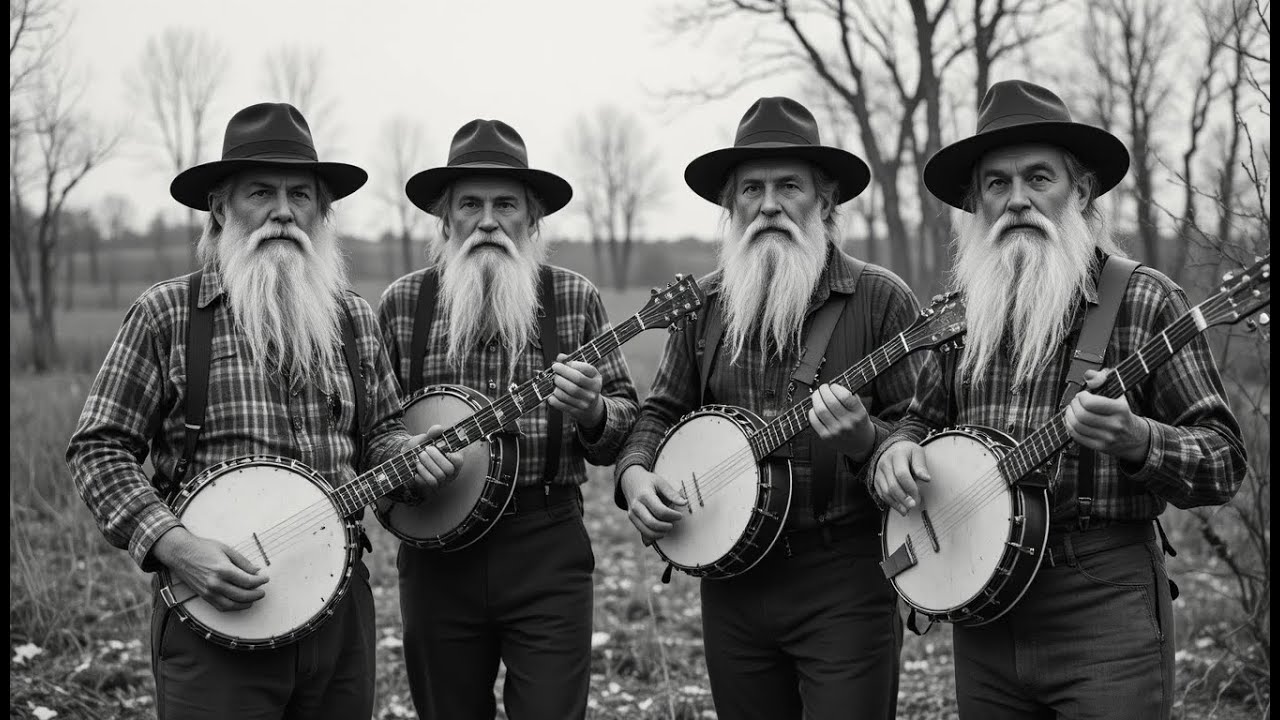 Timeless Black and White Folk Band Portrait Featuring Classic Banjo Music and Old Soul Harmony