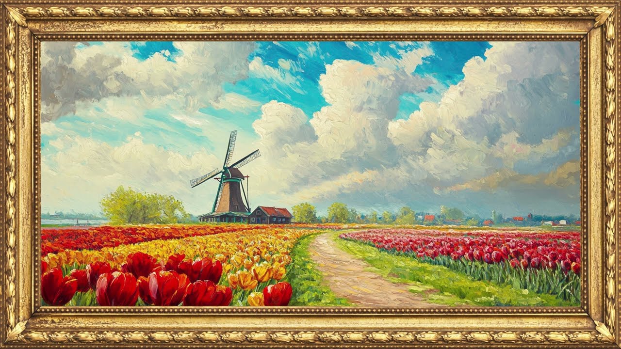 4K Living Painting Screensaver for TV | Dutch Windmill Tulip Field Art