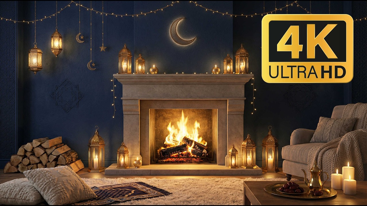12H Ramadan Night Fireplace 4K 🌙 Lantern Light & Peaceful Crackling Fire (No Music)