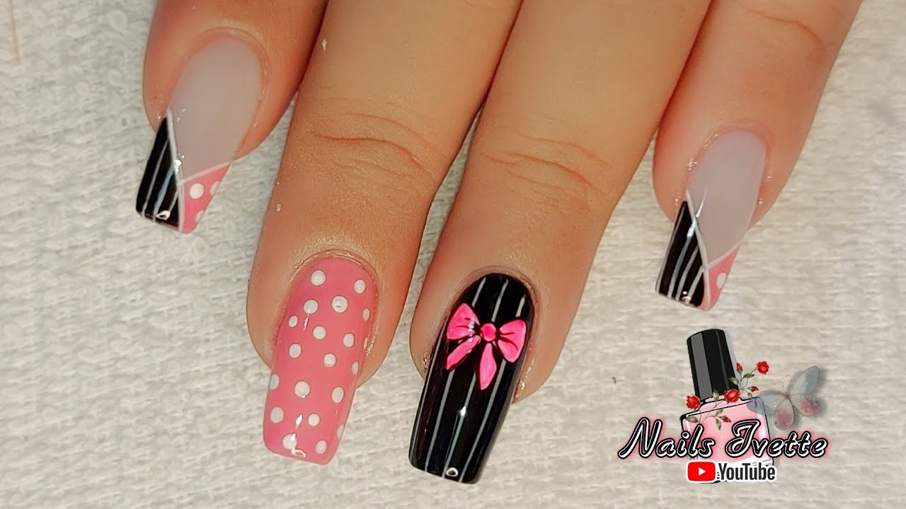 Uñas decoradas rosa y negro con Moño, lineas y puntitos / Diseños de uñas / Decoración de uñas