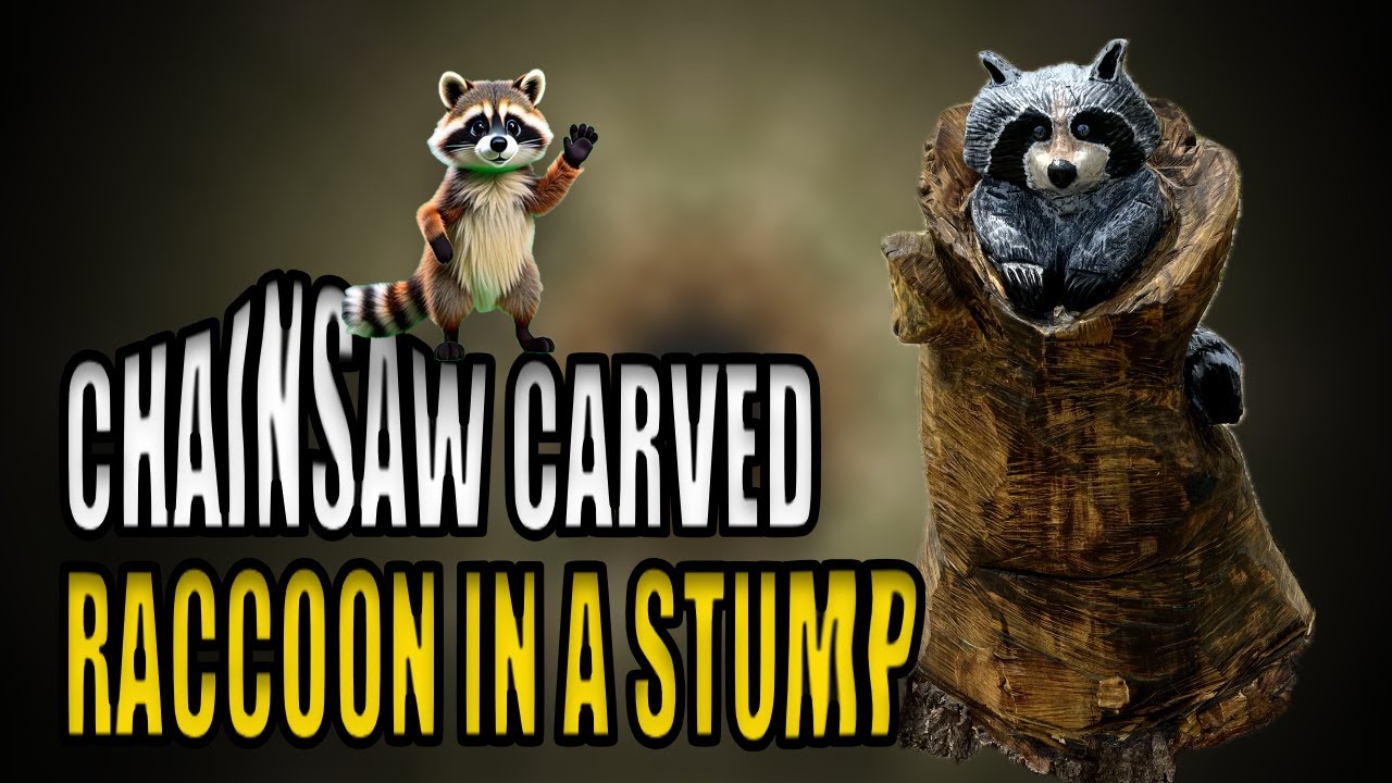 Chainsaw Carving  Raccoon From a Stump