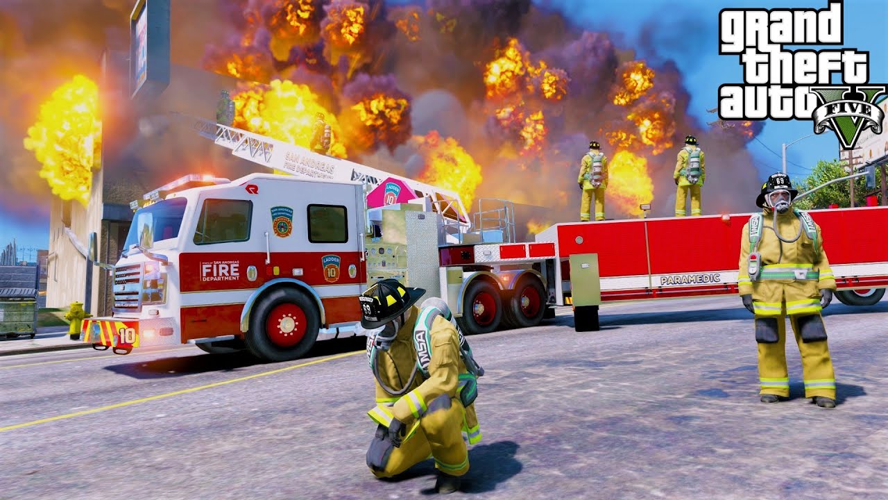 Пожарный мод GTA 5: грузовик с лестницей и румпелем, реагирующий на вышедший из-под контроля пожар