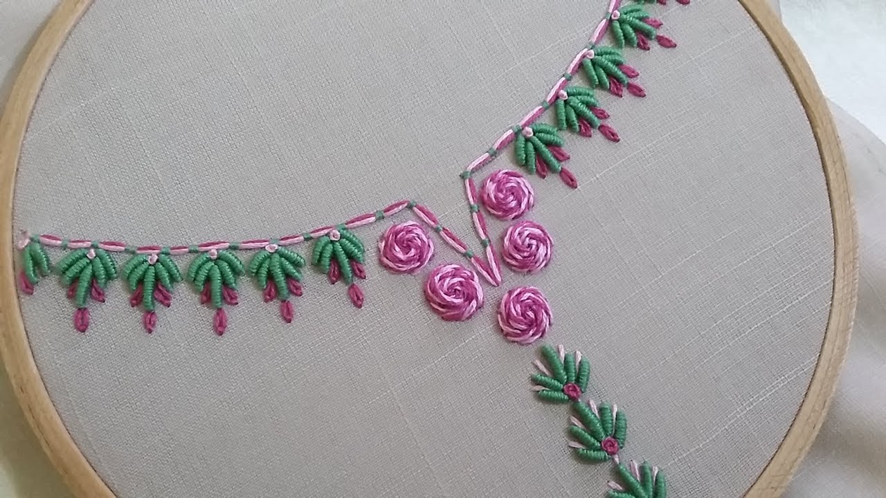 Round neckline  with slit for tops, shirts and blouses, hand embroidery