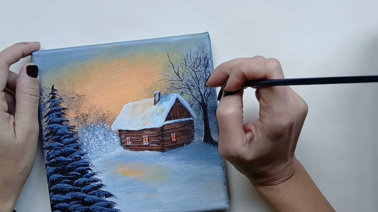 Painting a cozy cabin in a winter landscape with acrylics -part two