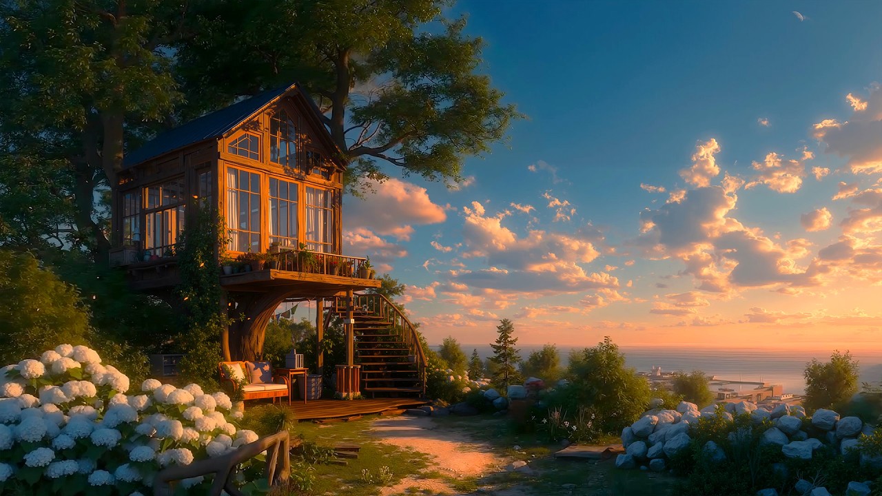 Ambient Lofi &ndash; Sunset Coastal Treehouse with Relaxing Chill Mix | Relax, Study, Sleep | 4K