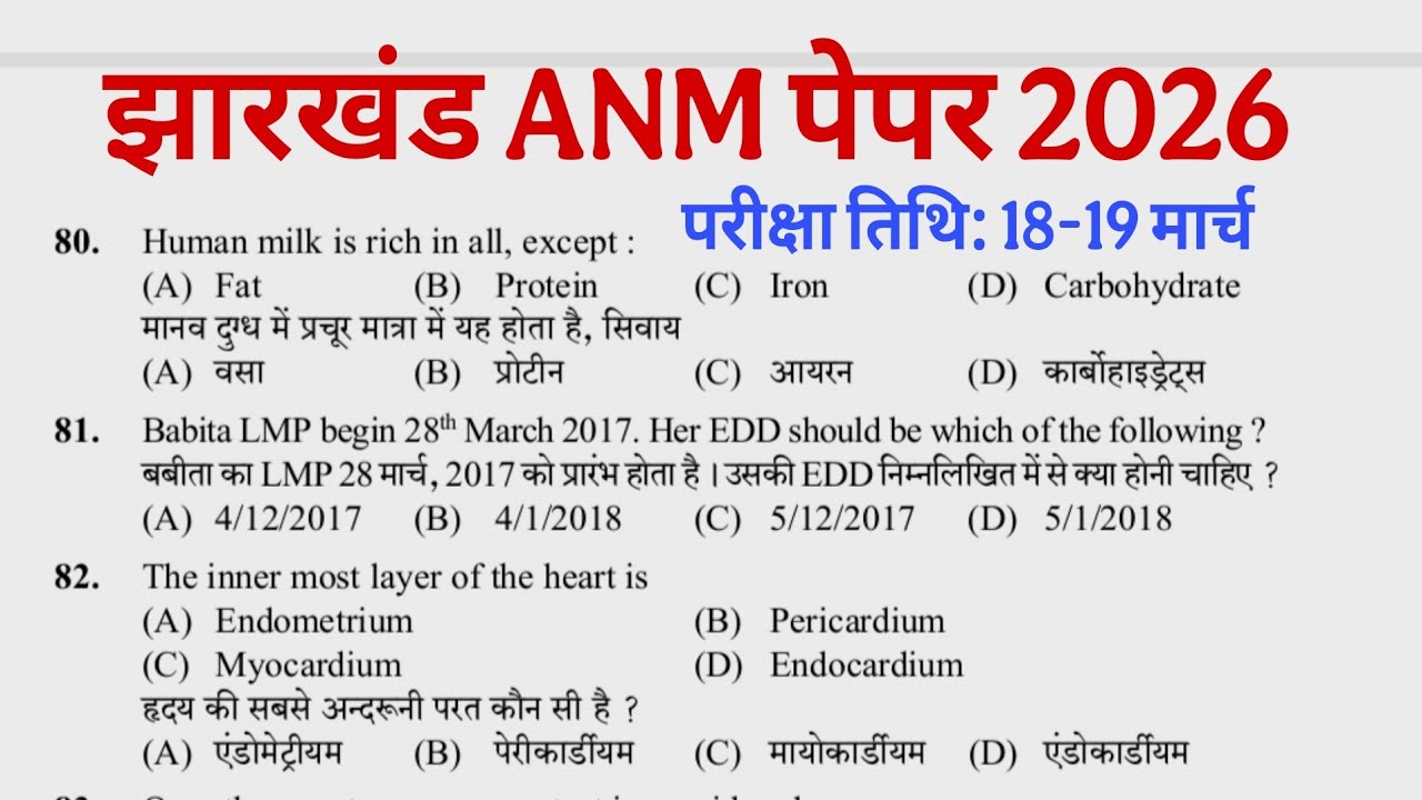 Jharkhand ANM Question Paper 2026 with full Analysis & correct Answer, ANM Question Paper in Hindi