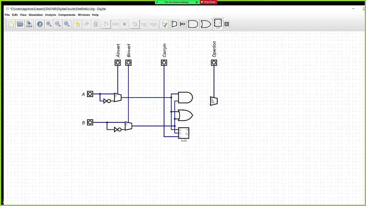 Digital Logic  Simulator One Bit Arithmetic Logic Unit