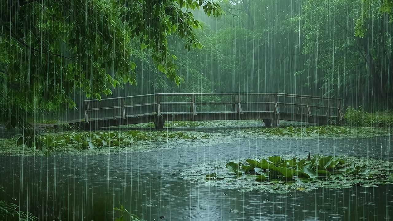 Fall Asleep Naturally with Gentle Rain by Bridge on Forest Lake | ASMR Nature Forest Rain