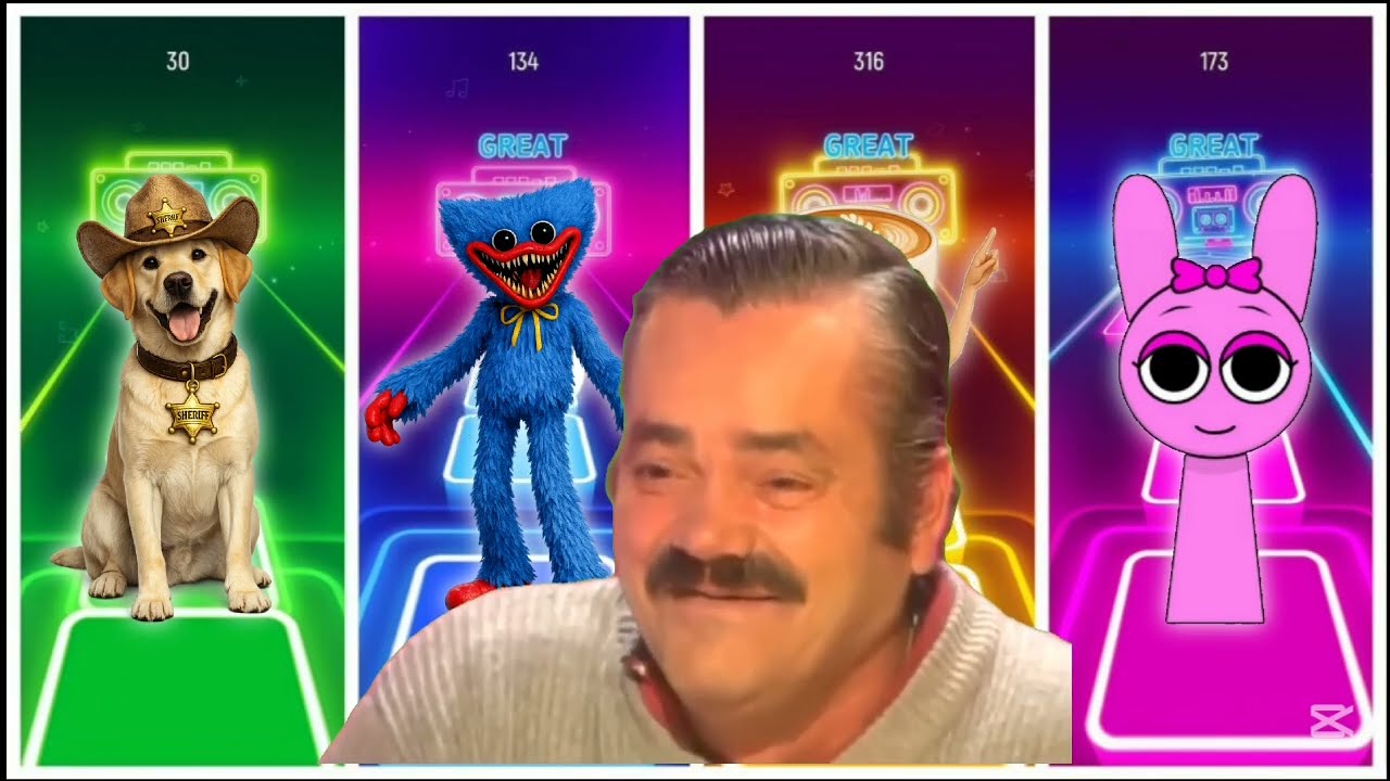 Sherif Lablador🆚Huggy Wuggy🆚Ballerino Cpppuccino🆚Sprunki🎶  Tiles Hop EDM Rush