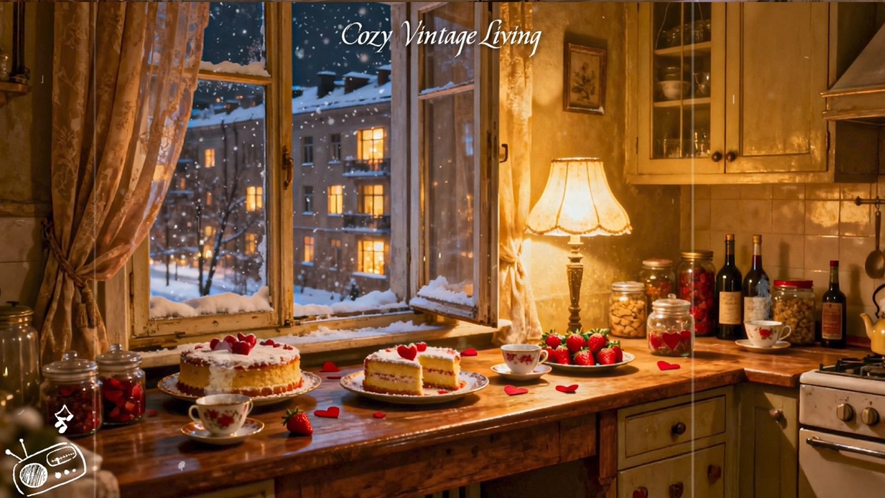 Romantic Snowy Valentine Night❤️1940s Vintage Jazz Playing in a Cozy Kitchen for Study, Sleep &Relax