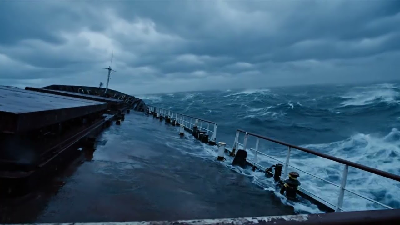 From the POV of a man standing on the deck of a cargo ship