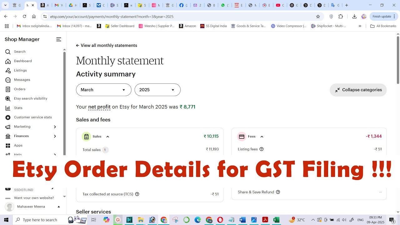 Etsy Order Details for GST Filing !!!