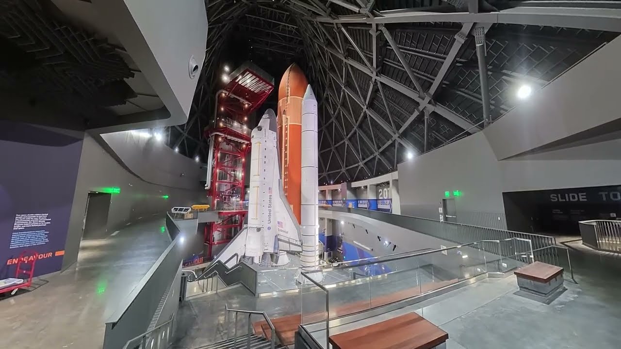 Drone tour of space shuttle Endeavour's towering display