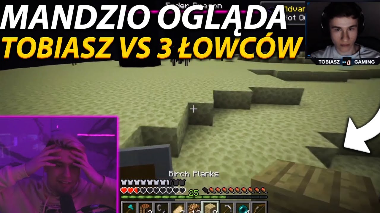 MANDZIO ogląda TOBIASZ vs 3 ŁOWCÓW (minecraft speedrun)